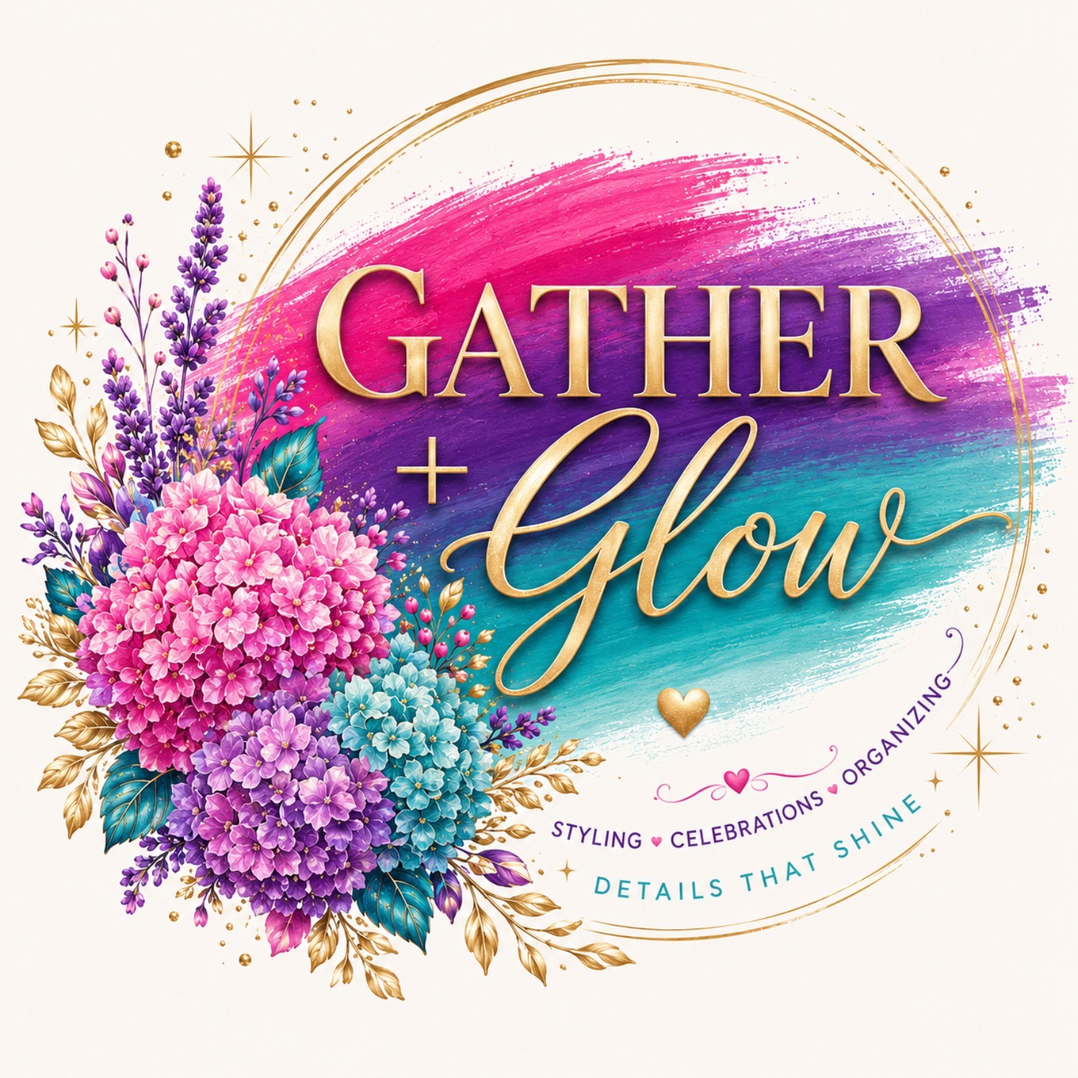 Gather & Glow colorful watercolor logo